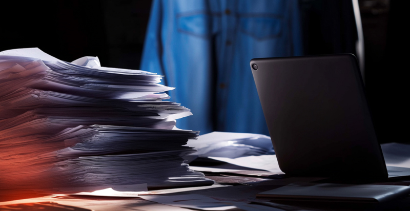 Stack of documents beside laptop